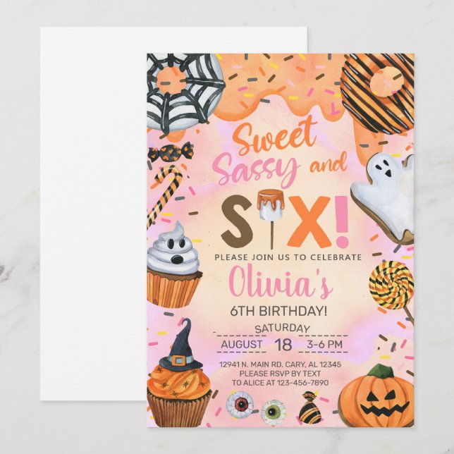 Halloween Sweet sassy six girl 6th birthday invite (Front/Back)