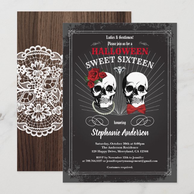 Halloween sweet sixteen 16 gothic black and red invitation (Front/Back)