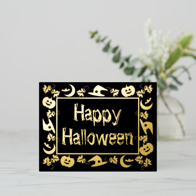 Halloween Symbol Framed Happy Halloween Foil Holiday Postcard (Standing Front)