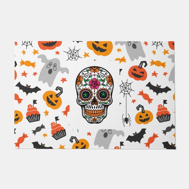 Halloween symbols pattern & sugar skull doormat (Front)