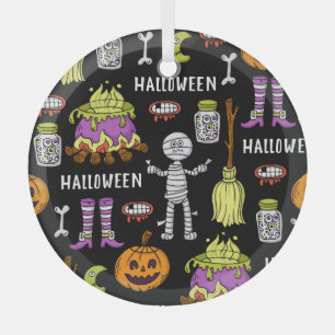 Halloween symbols, vintage seamless theme glass tree decoration