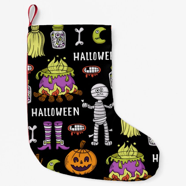 Halloween symbols, vintage seamless theme small christmas stocking (Front)