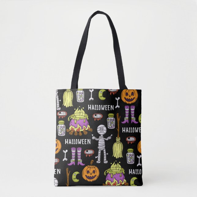 Halloween symbols, vintage seamless theme tote bag (Front)