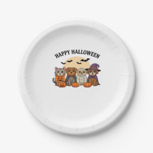 Halloween T-Shirt with Cute Cats and Dogs in Costu Paper Plate
