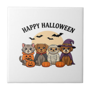 Halloween T-Shirt with Cute Cats and Dogs in Costu Tile