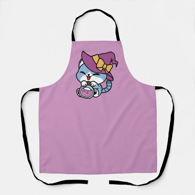 Halloween Tabby Cat – Witch Hat & Potion Art Apron (Front)