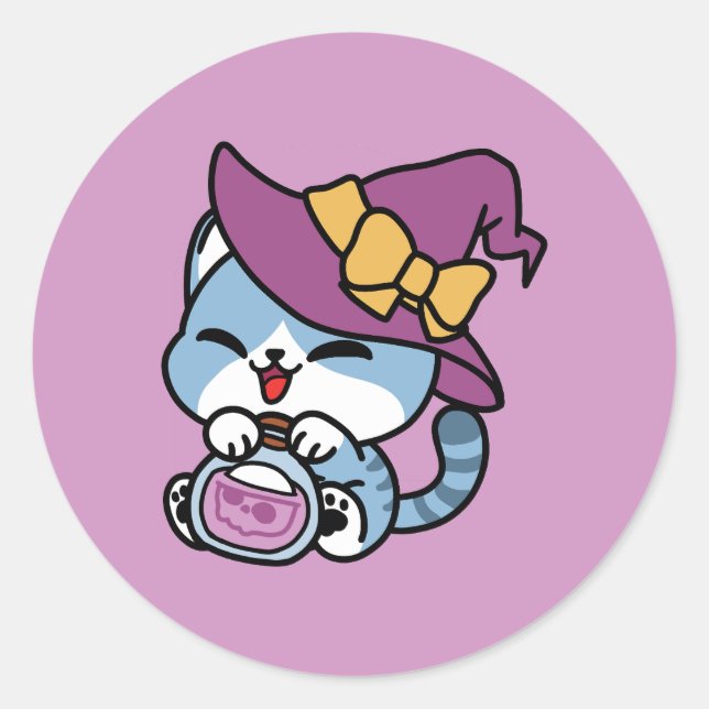 Halloween Tabby Cat – Witch Hat & Potion Art Classic Round Sticker (Front)