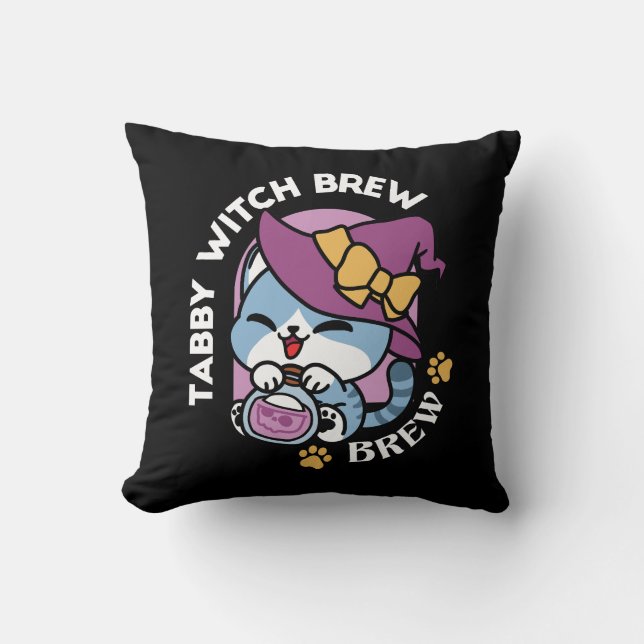 Halloween Tabby Cat – Witch Hat & Potion Art Cushion (Front)