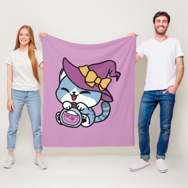 Halloween Tabby Cat – Witch Hat & Potion Art Fleece Blanket (In Situ)
