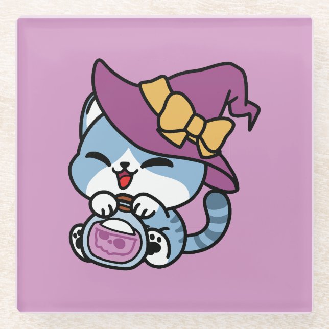 Halloween Tabby Cat – Witch Hat & Potion Art Glass Coaster (Front)