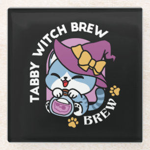 Halloween Tabby Cat – Witch Hat & Potion Art Glass Coaster