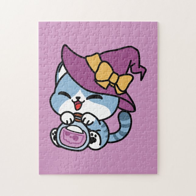 Halloween Tabby Cat – Witch Hat & Potion Art Jigsaw Puzzle (Vertical)