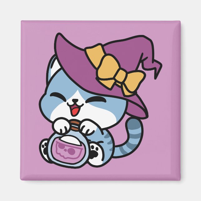 Halloween Tabby Cat – Witch Hat & Potion Art Magnet (Front)
