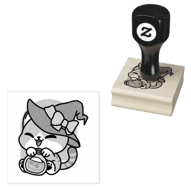 Halloween Tabby Cat – Witch Hat & Potion Art Rubber Stamp (Stamped)
