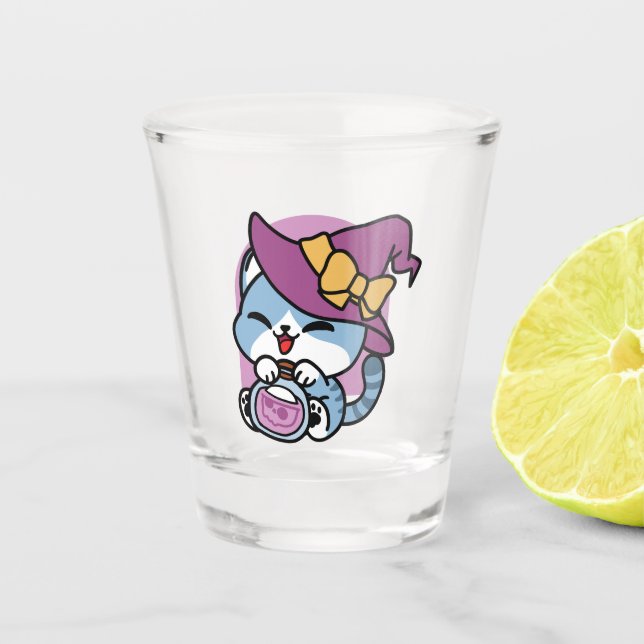 Halloween Tabby Cat – Witch Hat & Potion Art Shot Glass (Front)