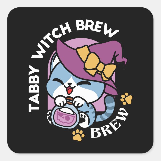 Halloween Tabby Cat – Witch Hat & Potion Art Square Sticker (Front)