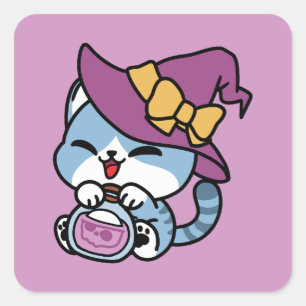 Halloween Tabby Cat – Witch Hat & Potion Art Square Sticker