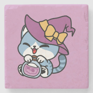 Halloween Tabby Cat – Witch Hat & Potion Art Stone Coaster