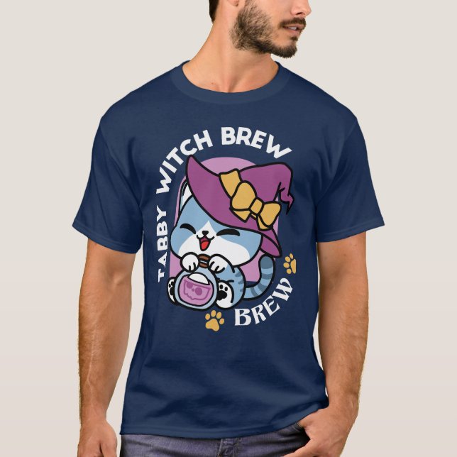 Halloween Tabby Cat – Witch Hat & Potion Art T-Shirt (Front)