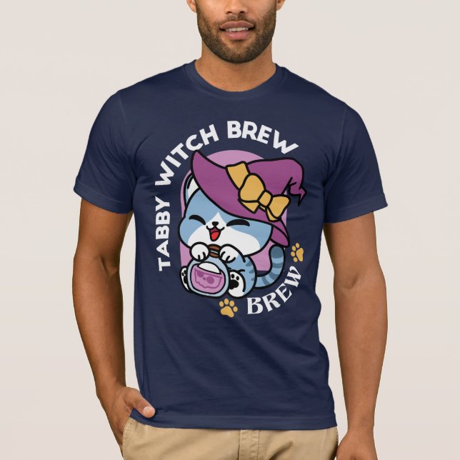 Halloween Tabby Cat – Witch Hat & Potion Art T-Shirt (Front)