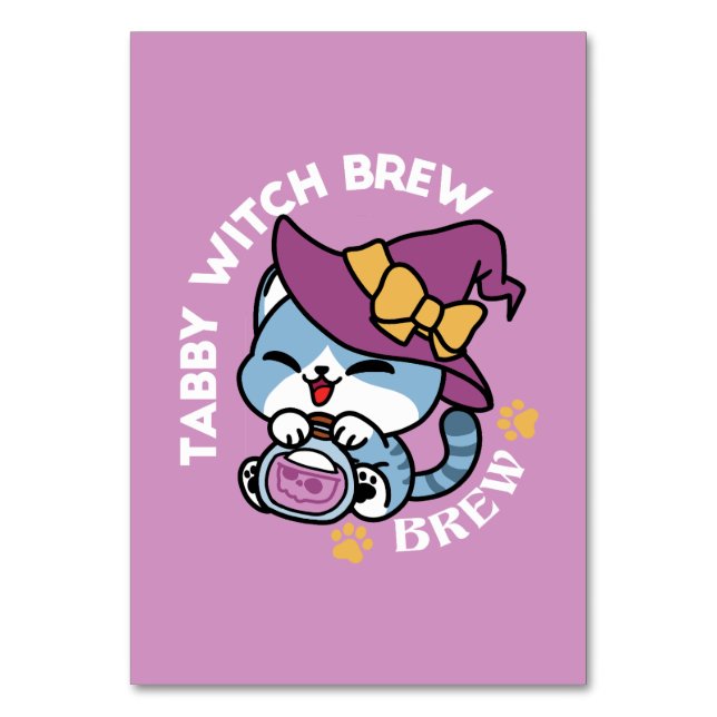Halloween Tabby Cat – Witch Hat & Potion Art Table Number (Front)