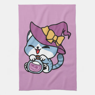 Halloween Tabby Cat – Witch Hat & Potion Art Tea Towel