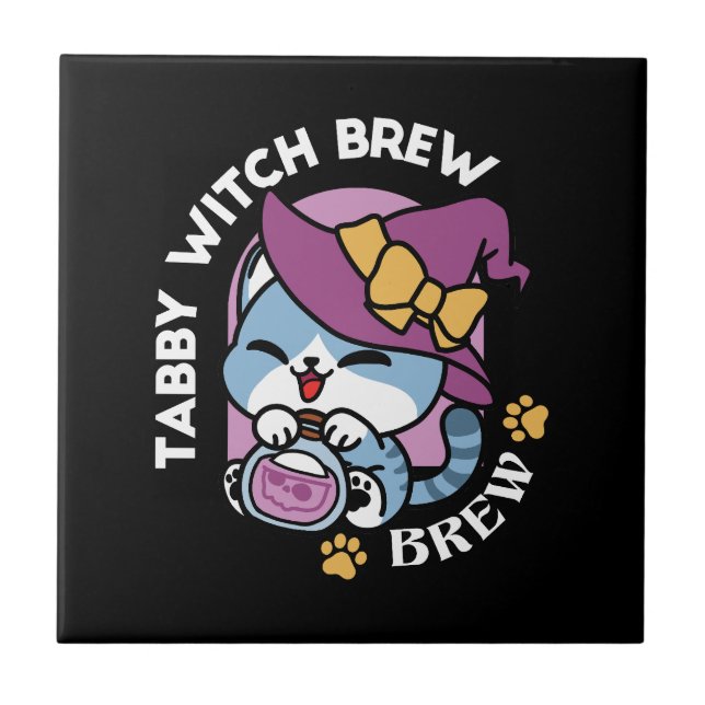 Halloween Tabby Cat – Witch Hat & Potion Art Tile (Front)