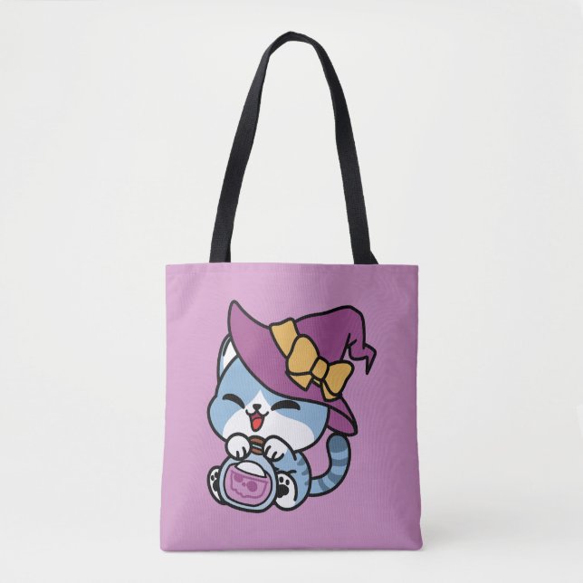 Halloween Tabby Cat – Witch Hat & Potion Art Tote Bag (Front)
