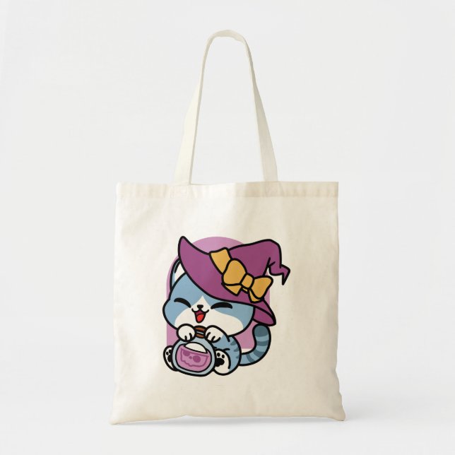 Halloween Tabby Cat – Witch Hat & Potion Art Tote Bag (Front)