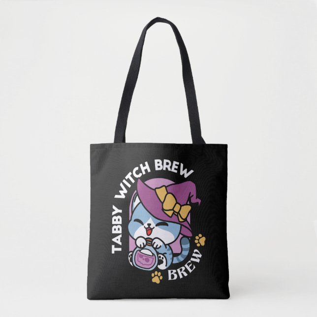 Halloween Tabby Cat – Witch Hat & Potion Art Tote Bag (Front)