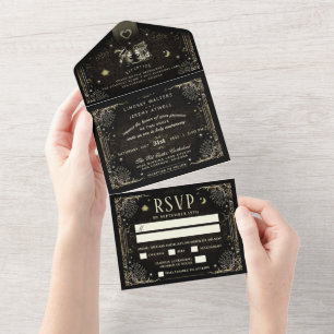 Halloween Tarot Black & Gold Wedding MENU All In One Invitation