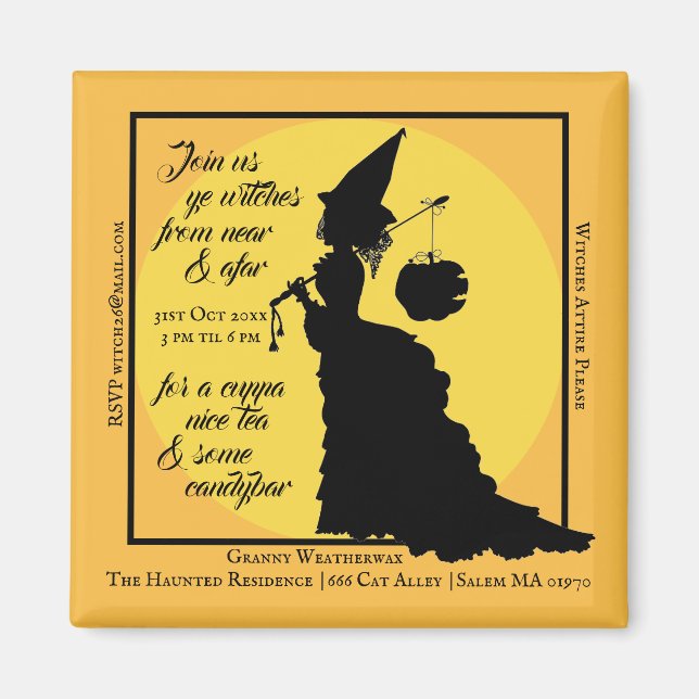 Halloween Tea Party Invitation Victorian Witch Magnet (Front)