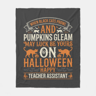 Halloween Teacher Assistant Black Cats and Pumpkin Fleece Blanket