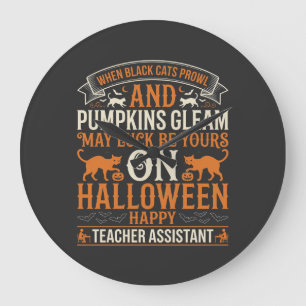 Halloween Teacher Assistant Black Cats and Pumpkin Large Clock