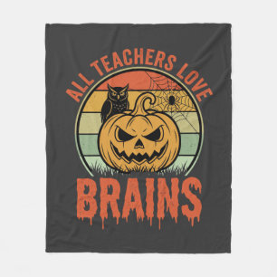 Halloween Teacher Brains Vintage Pumpkin Owl Fleece Blanket