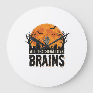 Halloween Teacher Brains Vintage Vector Design_1 Large Clock