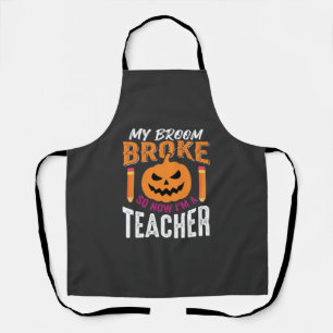 Halloween Teacher Broom Broke Pumpkin Design Apron
