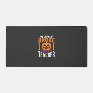 Halloween Teacher Broom Broke Pumpkin Design Desk Mat