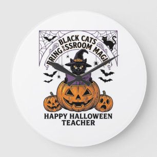 Halloween Teacher Cat Vintage Pumpkin Classroom Ma Large Clock
