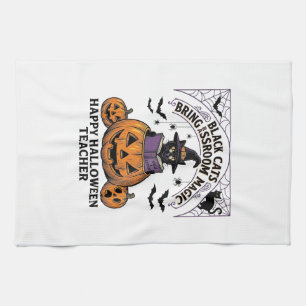 Halloween Teacher Cat Vintage Pumpkin Classroom Ma Tea Towel