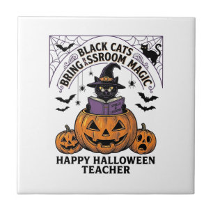 Halloween Teacher Cat Vintage Pumpkin Classroom Ma Tile