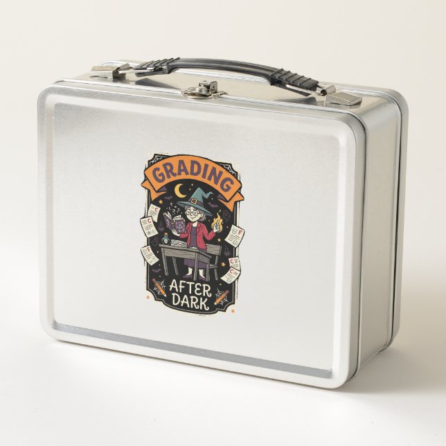 Halloween Teacher Grading After Dark Metal Lunch Box (Front)