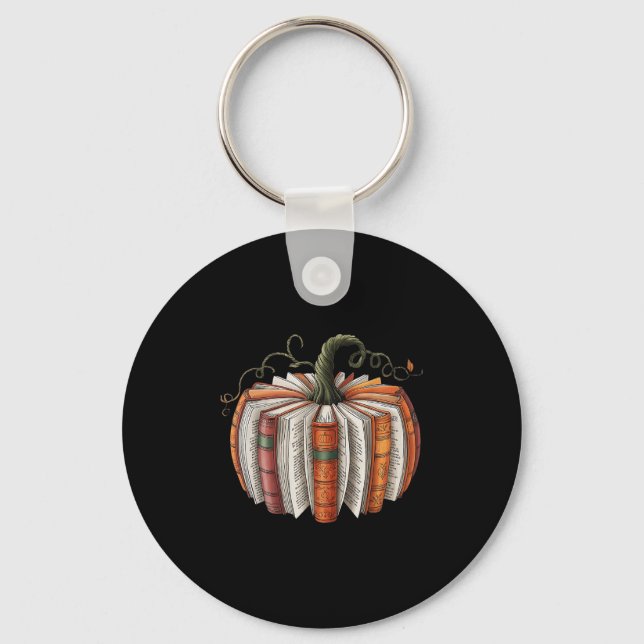 Halloween Teacher Librarians Fall Book Pumpkin Ret Key Ring (Front)