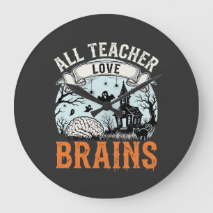 Halloween Teacher Love Brains Haunted Classroom Large Clock