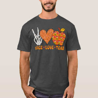 Halloween Teacher Peace Love Teach Skeleton Heart T-Shirt