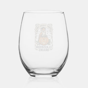 Halloween Teacher Pumpkin Owl Vintage School Shirt Stemless Wine Glass