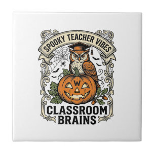 Halloween Teacher Pumpkin Owl Vintage School Shirt Tile