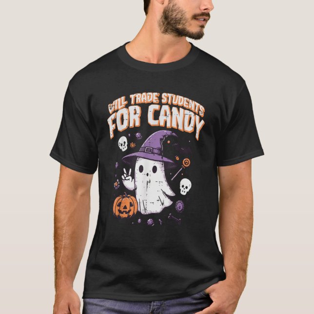Halloween Teacher Trade Students for Candy Costume T-Shirt (Front)