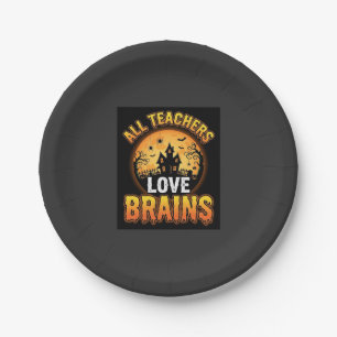 Halloween Teacher Zombie Brains Horror Moon Design Paper Plate