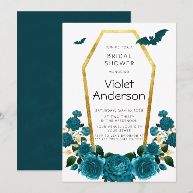 Halloween Teal Gold Coffin Florals Bridal Shower Invitation (Front/Back)